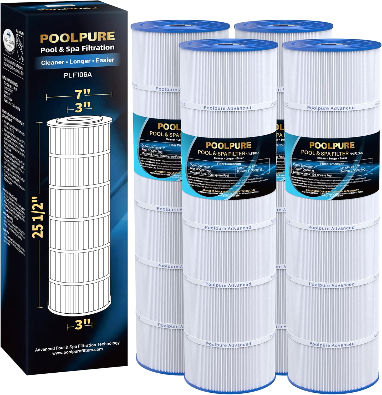 POOLPURE PLF106A Filter Replaces Hayward CX880XRE, Pleatco PA106-PAK4, Ultral-A1, Unicel C-7488, Filbur FC-1226, FC-6430, Hayward SwimClear C4020, C4025, C4030, 4 X 106 sq. ft. Filter Cartridge 4 Pack