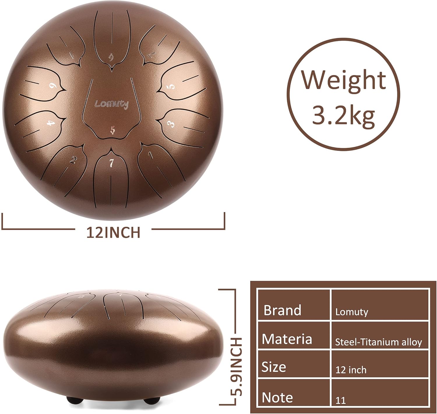 Steel Tongue Drum 12 Inch 11 Notes for Adults - Ethereal Metal Instrument for Meditation & Yoga with Music Book, Mallets & Carry Bag (Brown)