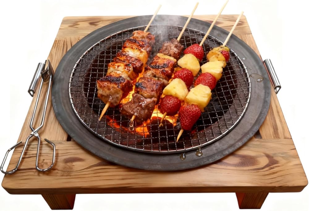 20 in Tabletop Fire Pit Tea Table - Wooden Fire Pit Table for Indoor/Outdoor Use, Portable Camping Fire Pit with Grill Grid for Tea Brewing & Food Warming &Bonfire and Picnic BBQ Grill