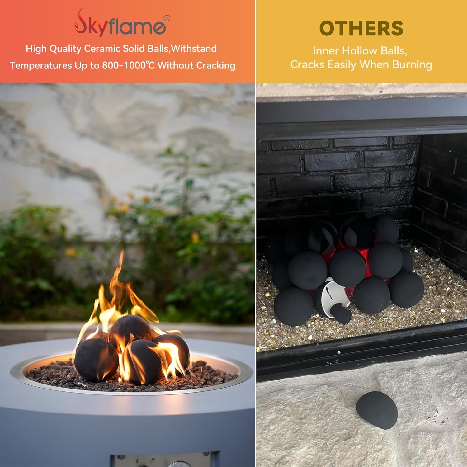 Skyflame Ceramic Fire Balls, Set of 6 Round Fire Stones Set for Indoor and Outdoor Fire Pits or Fireplaces Accessory, 5 Inch, Black