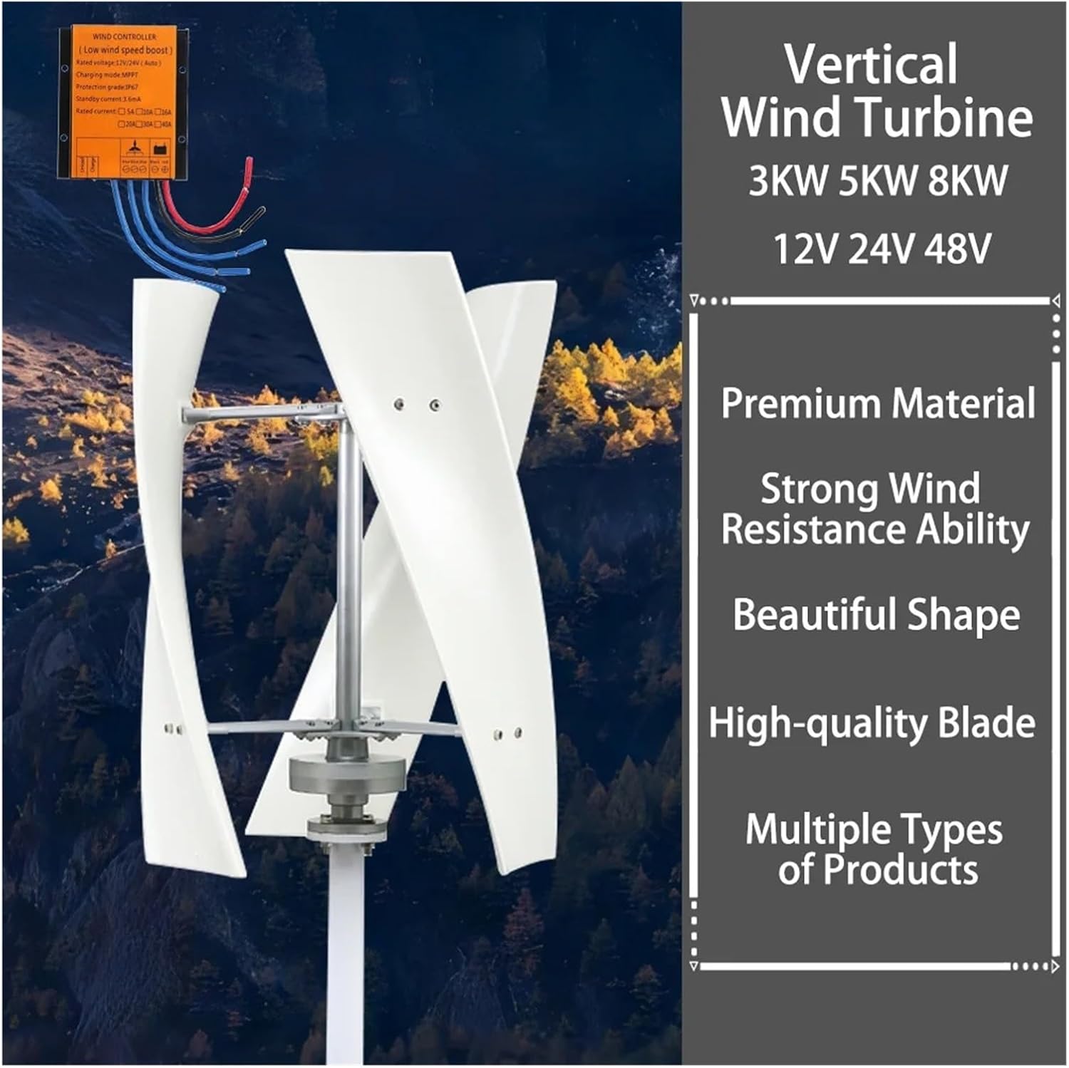 5000W 8000W 12V 24V 48V Vertical Wind Turbine Generator for Home Wind Power Windmill Permanent Maglev with MPPT Low Starting Speed for Home(White,24V_5KW)
