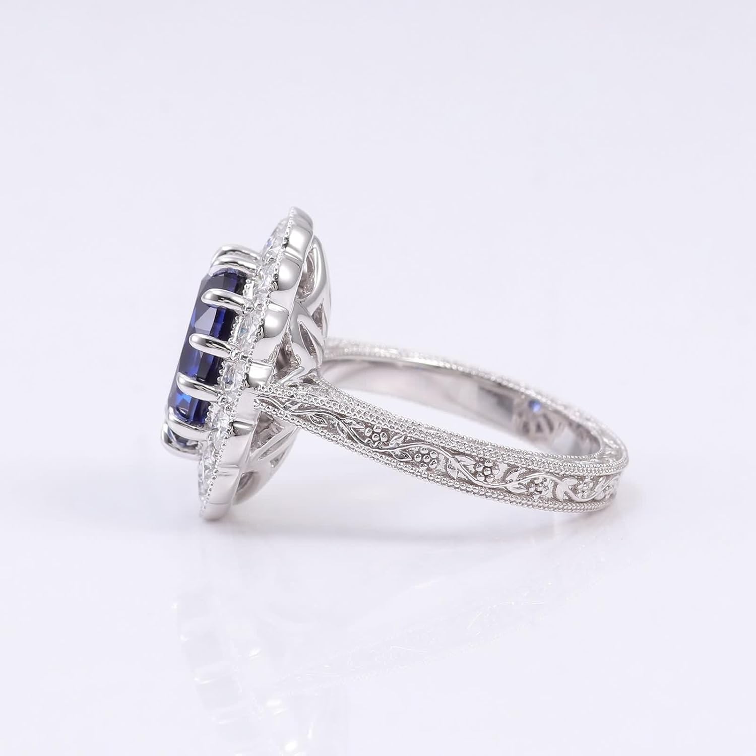 Flower Ring Women, Engagement Ring Vintage Created Sapphire Silver Band 9K White Gold for Wedding