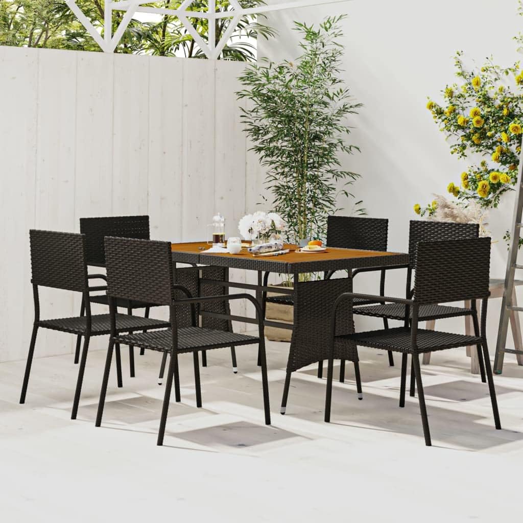 7 Piece Patio Dining Set Poly Rattan Black,Elegant Outdoor Dining Set for Patio & Garden with PE Rattan & Acacia Wood Patio Furniture Sets, Outdoor Furniture Sets
