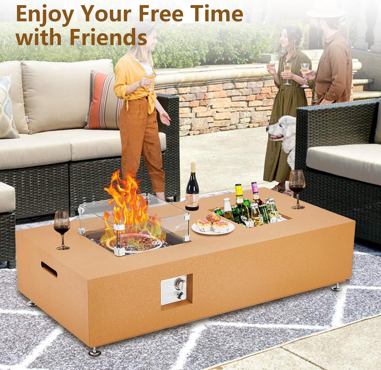 Outdoor Propane Fire Pit Table 56 Inch with Ice Pit, Yellow Skin-Color Gas Fire Pit Patio Heater, 2-in-1 Design for Chilled Drinks & Warmth