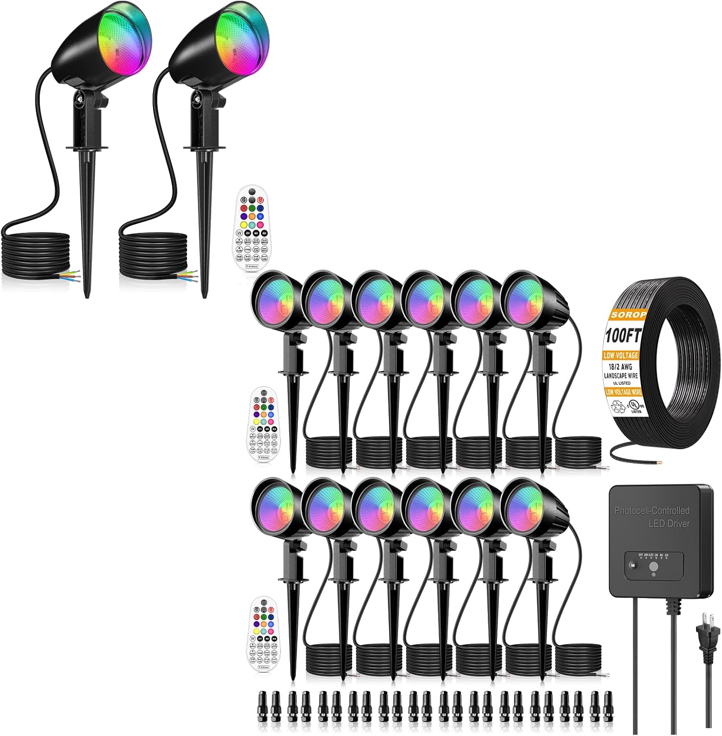 20W RGBW Color Changing Spotlight 2 Pack & 15W RGBW Low Voltage Landscape Lighting Kit 12 Pack