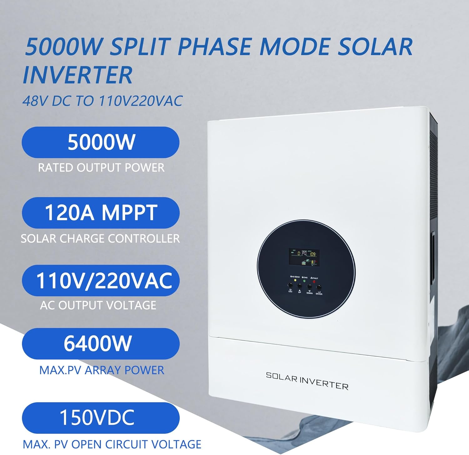 5000W Split Phase Hybrid Solar Inverter, 48V to 110V/240VAC, Built-in 120A MPPT Solar Charge Controller, Max.PV Input 6400W, 150VDC, 60A, Work for 48V Lead Acid/Lithium Batteries, for Home,RV,Truck