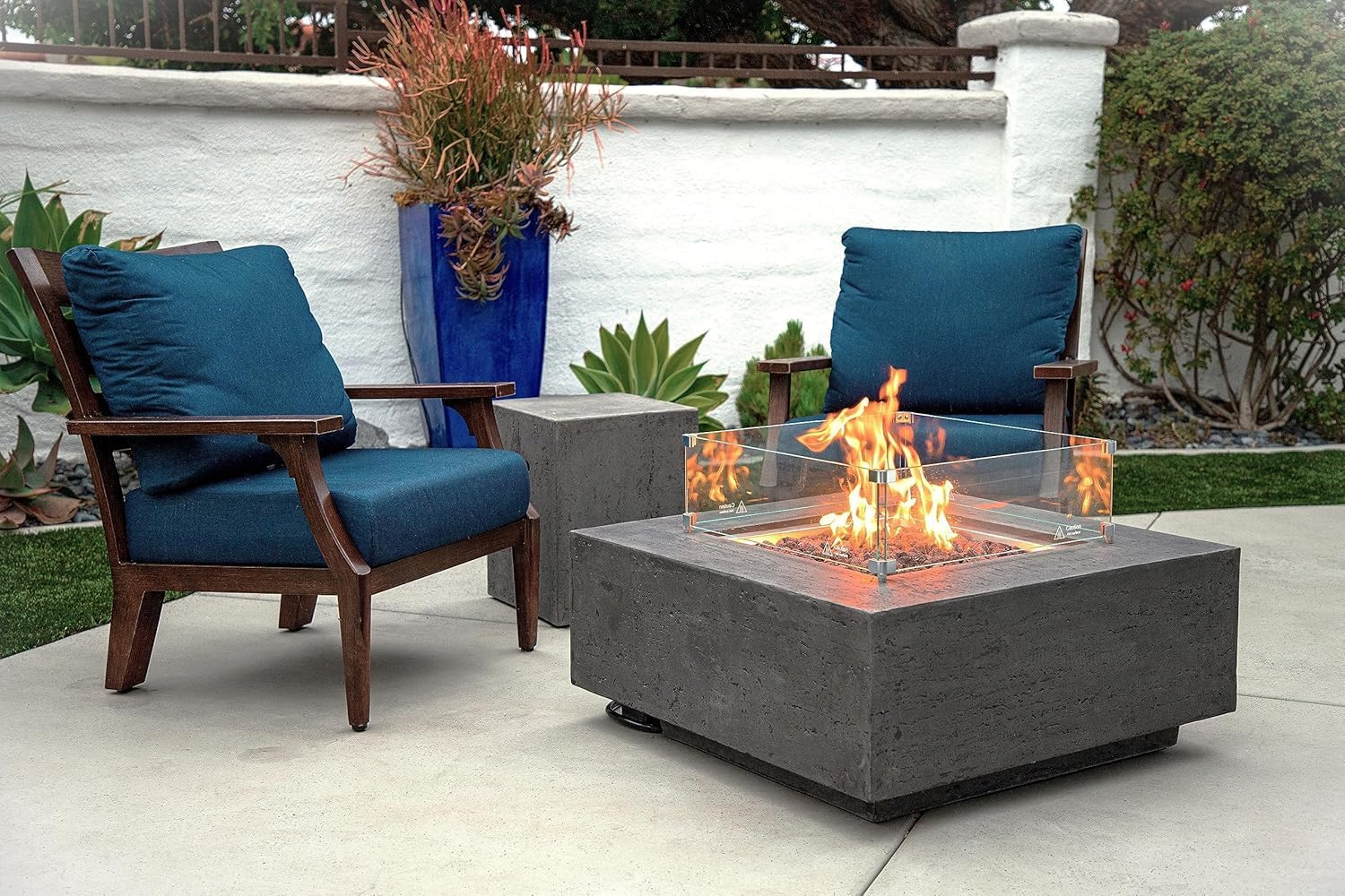 AMS Creations | Albany 36 inches Square Propane Gas Outdoor Fire Pit Table | Concrete GFRC Fire Pit Table | with SS Lid, Canvas Cover, Tank Cover, Lava Rock and Wind Guard Included