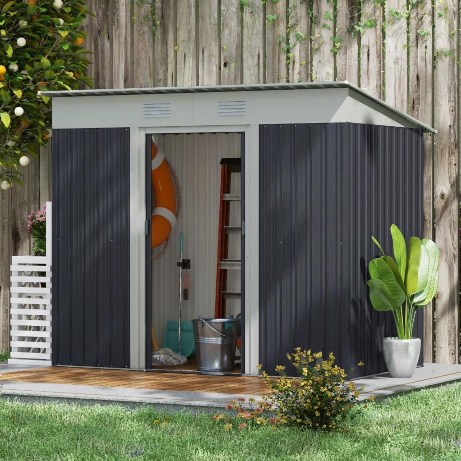 7FT x 4FT Outdoor Metal Storage Shed for Backyard & Garden Tools, Lawn, Patio, Multifunction Metal Garden Tool House with Double Sliding Doors & 2 Air Vents, Grey
