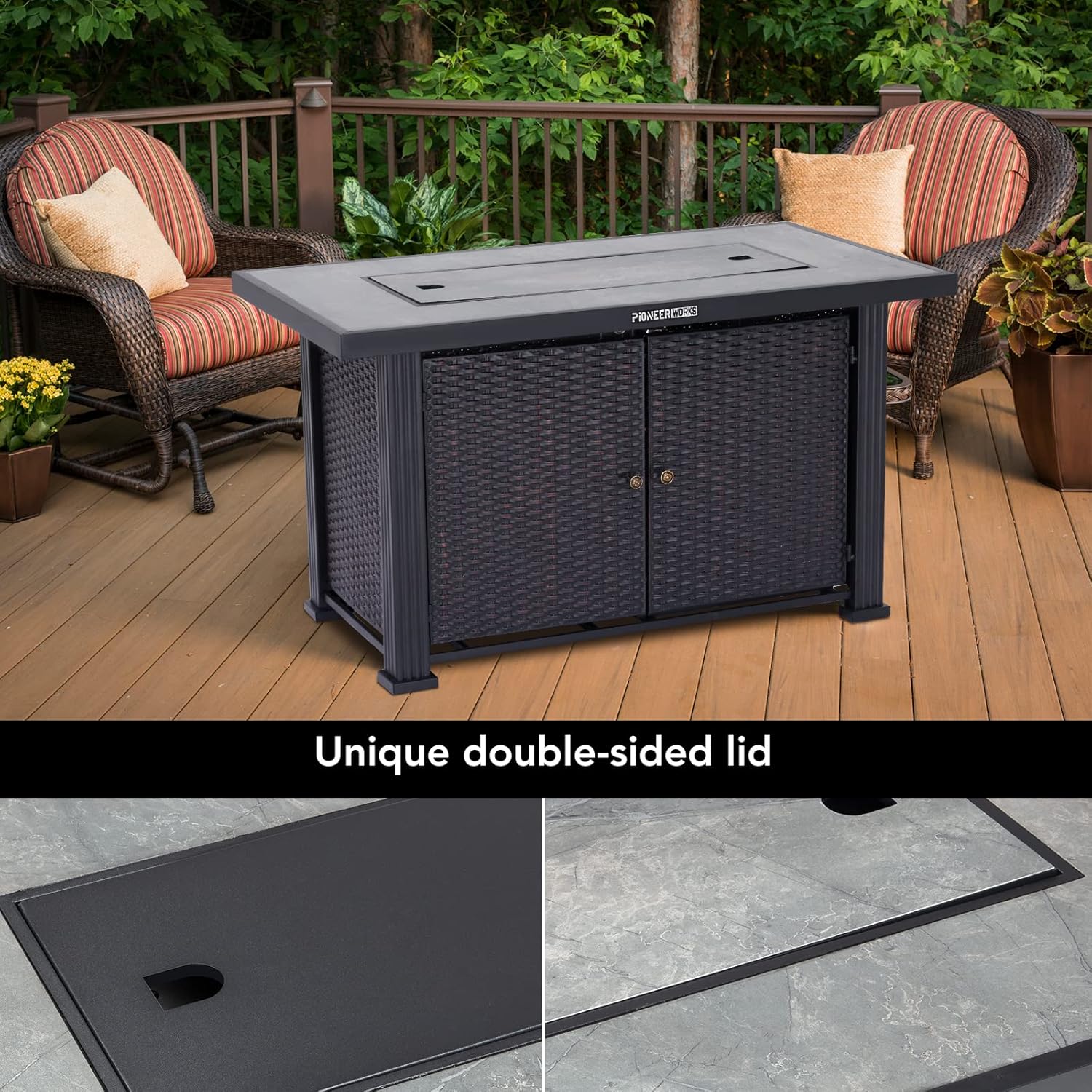 44 in Propane Fire Pit Table (Double Door), 50000BTU Rectangle Fire Table with Cover & Rain Cover, Sturdy Steel and Iron Fence Surface, CSA Safety Certified, Companion for Your Garden