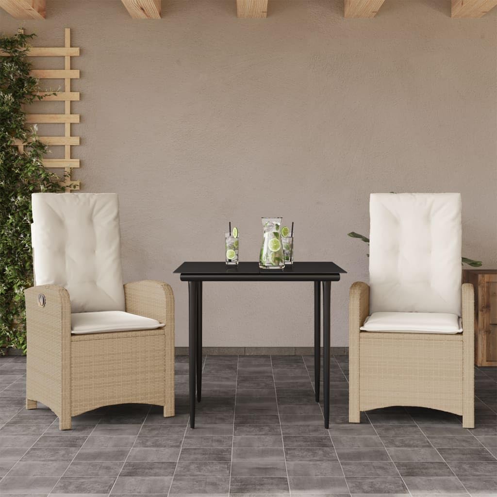 3 Piece Patio Dining Set with Cushions Beige Poly Rattan,Adjustable Reclining Outdoor Furniture Set for Patio and Garden Patio Furniture Sets, Outdoor Furniture Sets