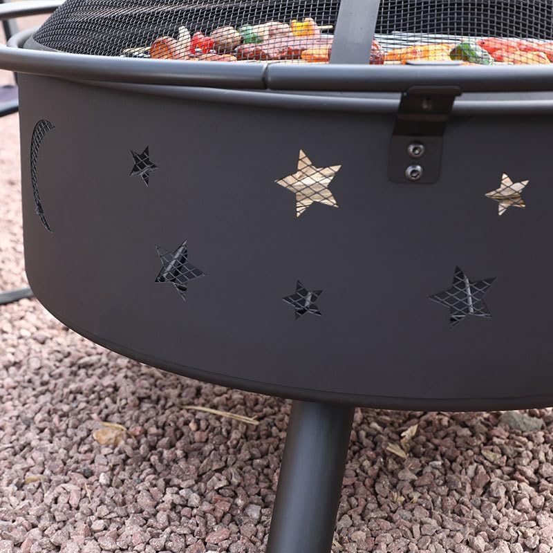 Zimtown 30 Inch Outdoor Fire Pit, Star and Moon Design, Small Wood Burning Firepit with Spark Screen, Mesh Cover, Fire Poker, Steel Bowl Brazier for Outside Patio Porch Deck Backyard Garden