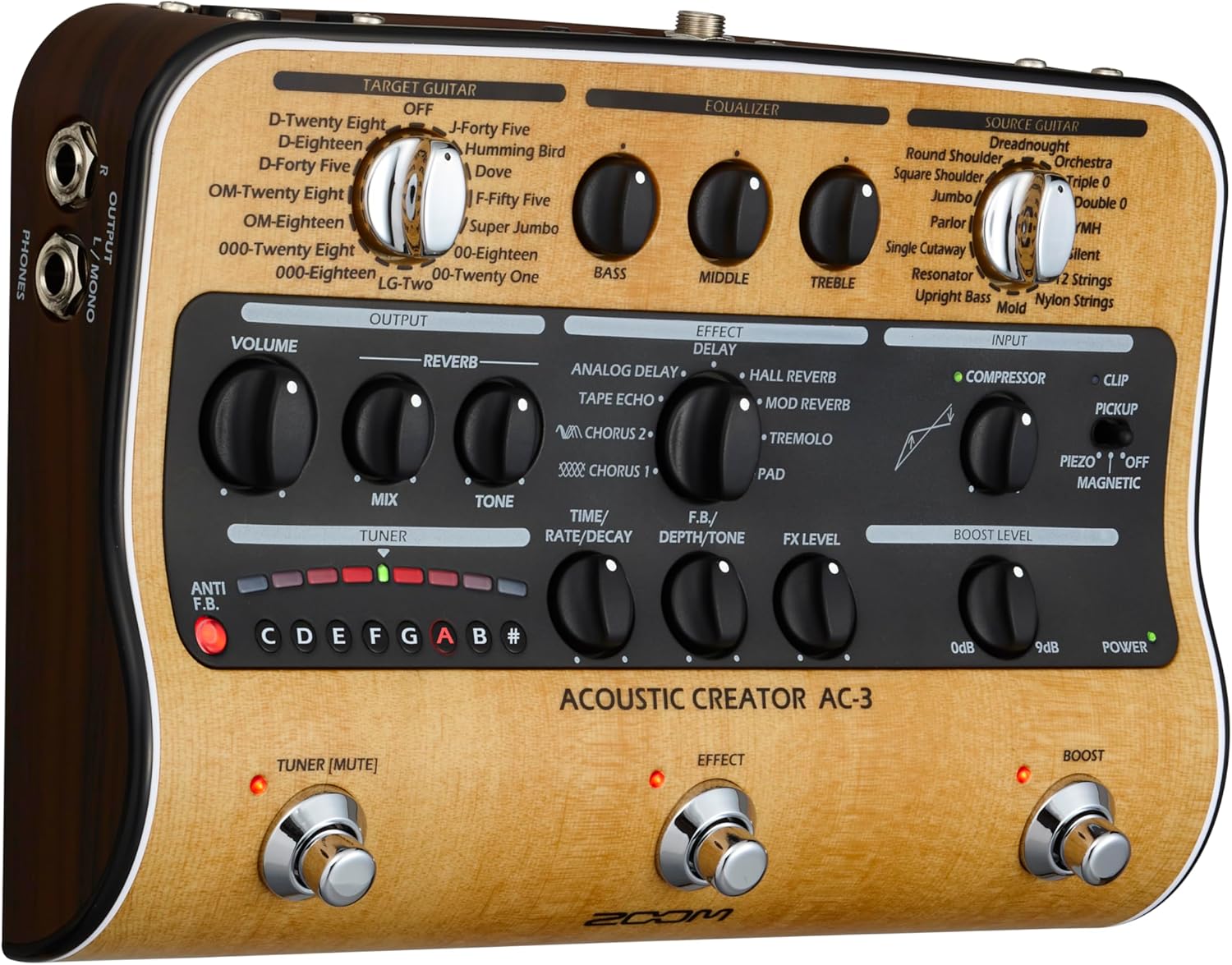Zoom AC-3 Acoustic Creator, Acoustic DI with Tone Restoration, Acoustic Modeling, 9 effects, Compression, Tuner, Reverb, EQ, and Anti-Feedback