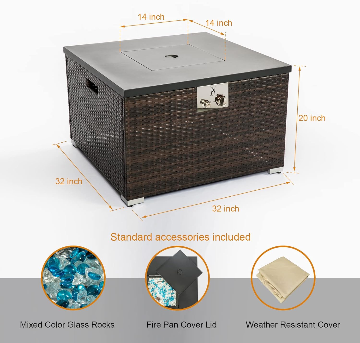 32'' Outdoor Low Profile Fire Table with Natural Gas Conversion Kit, 50,000 BTU Fire Table with Brown Wicker, Painted Steel Tabletop, Mix Color Glass Rocks, Including Lid and Cover, Square