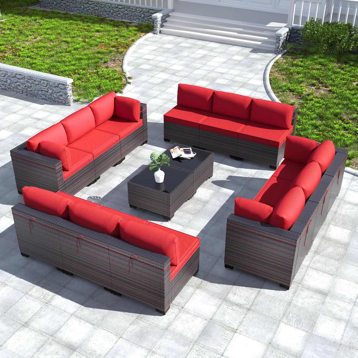 Kullavik 14PCS Outdoor Patio Furniture Set PE Wicker Rattan Sectional Sofa Patio Conversation Sets,Red