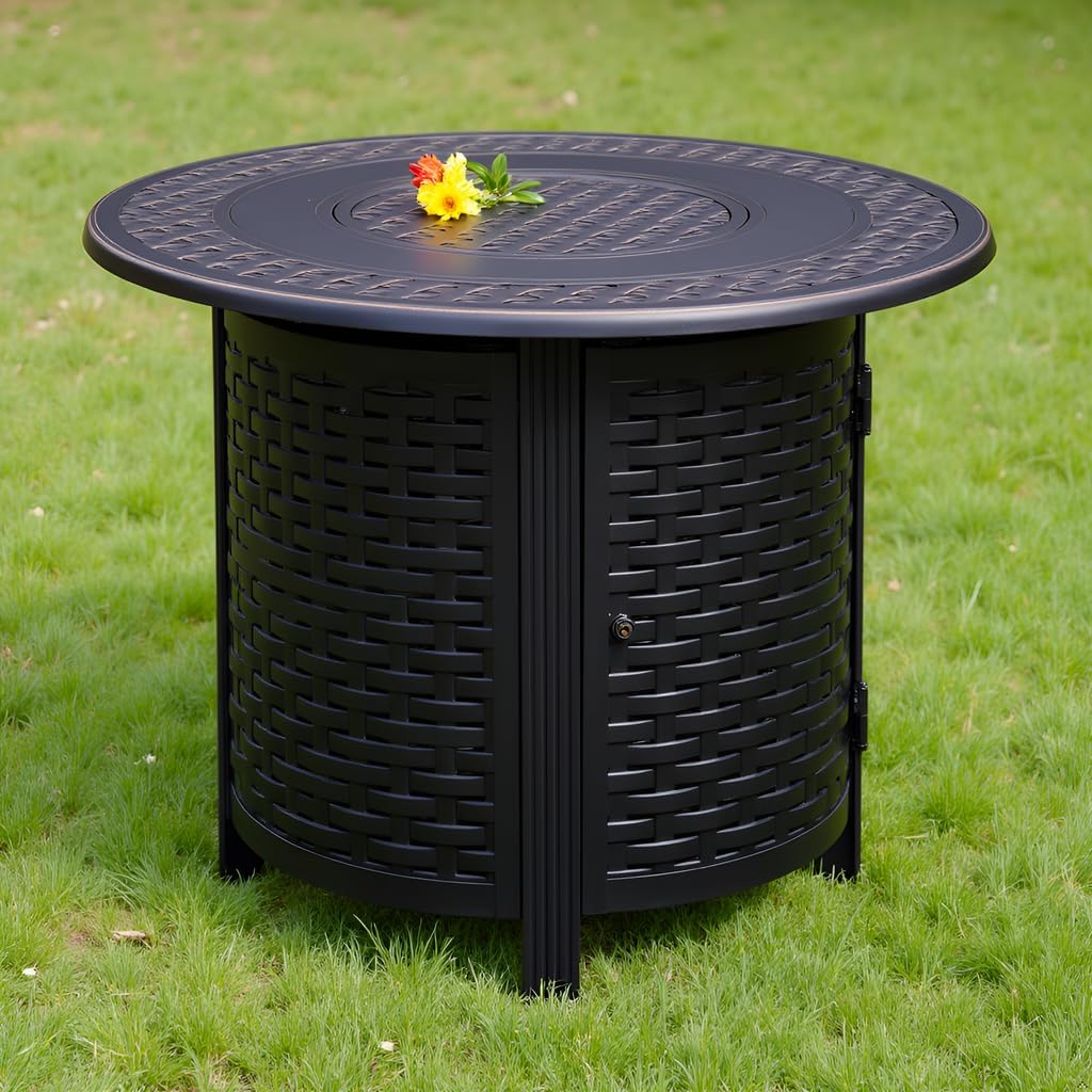 Hendricks Woven Aluminum Convertible Gas Fire Pit Table 37,000 BTU Multi-Functional Outdoor with Fire Bowl Lid, Nylon Weather Cover & Clear Fire Glass - Bronze Finish - Round - 34