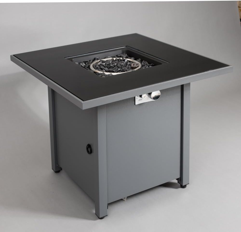 Modern Steel Outdoor Fire Pit Table with Smoked Glass Top and Lid | Propane Gas Firepit for Patio Garden Backyard