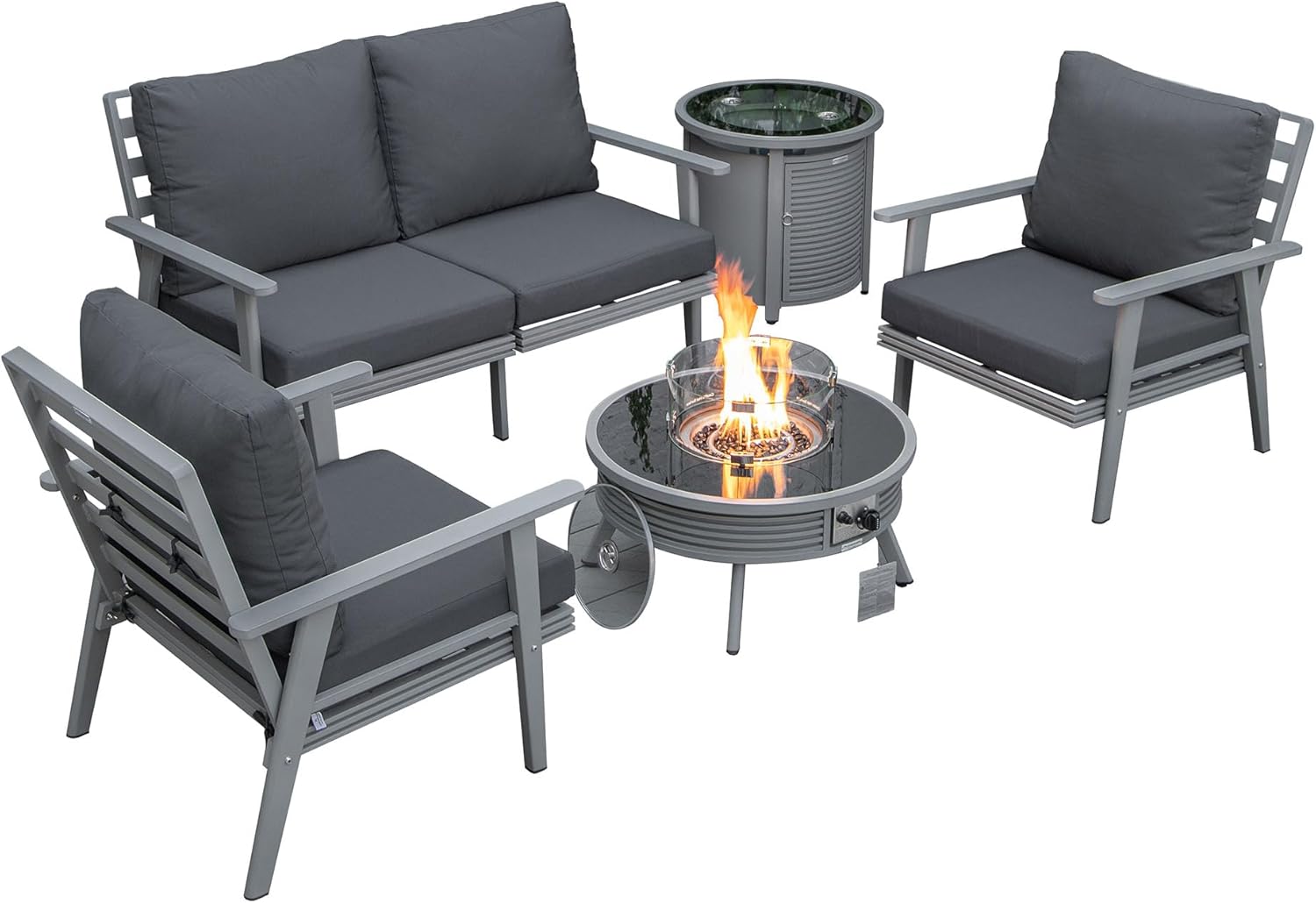 LeisureMod Walbrooke Modern Aluminum 5-Piece Patio Conversation Set with Outdoor Round Fire Pit Slats Design & Side Table Tank Holder, Charcoal
