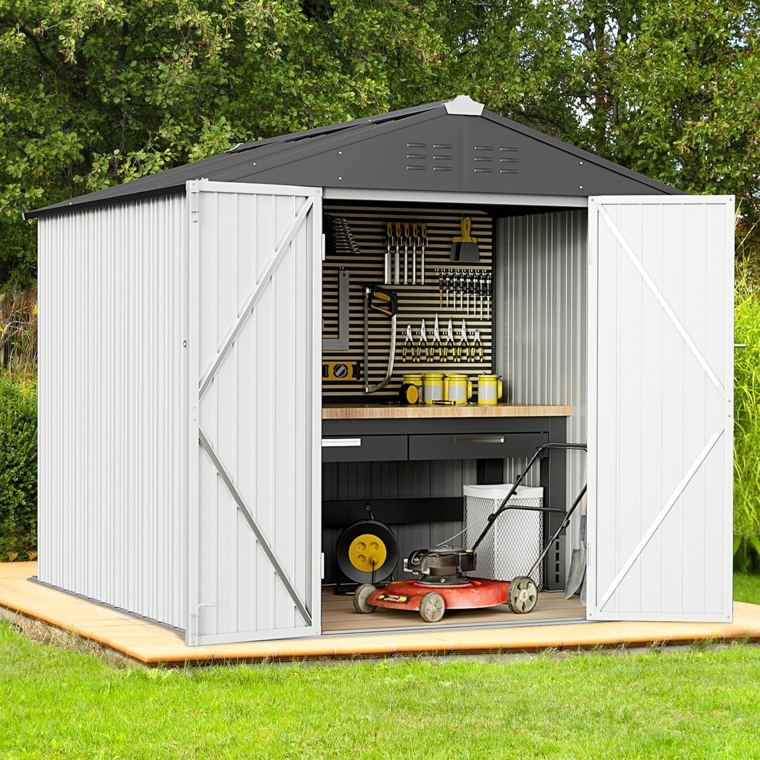 Greesum 6x4FT Outdoor Storage Shed, Utility Tool Shed Metal Storage Garden Shed with Door & Lock for Patio Storage, White