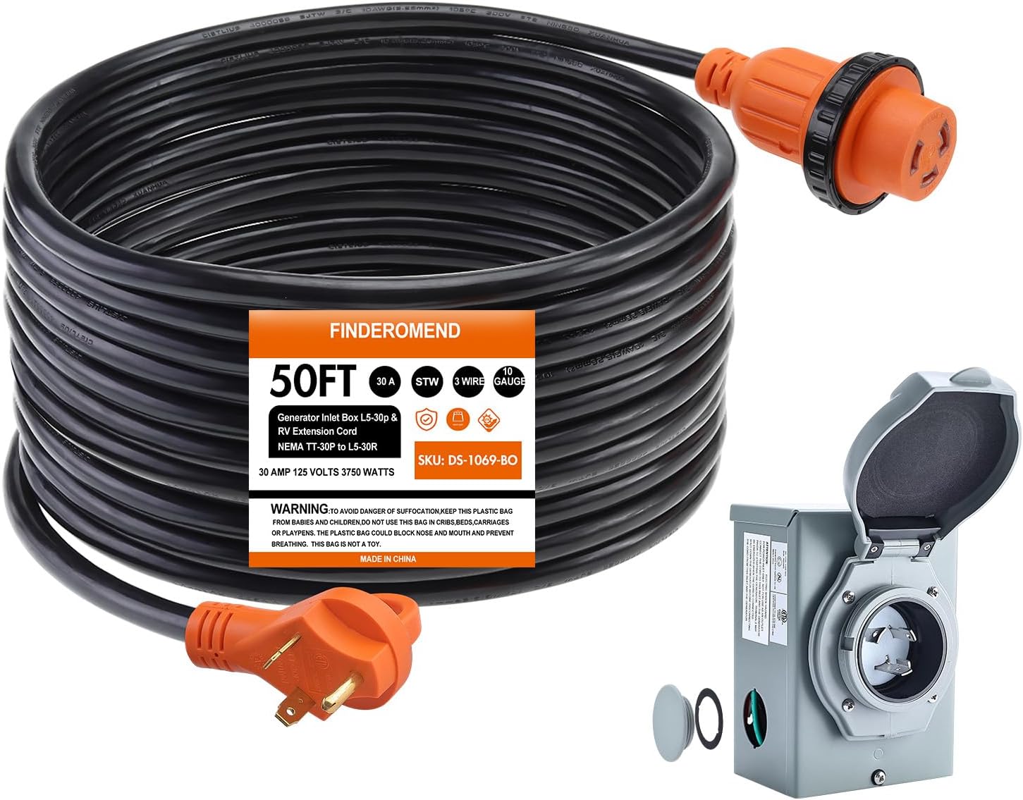 Finderomend 30 Amp Generator Inlet Box Pre-drilled and 50ft 30 Amp RV Extension Cord Combo Kit, NEMA TT-30P to L5-30R RV Power Cord with NEMA L5-30P Inlet,UL/ETL Listed (50ft)