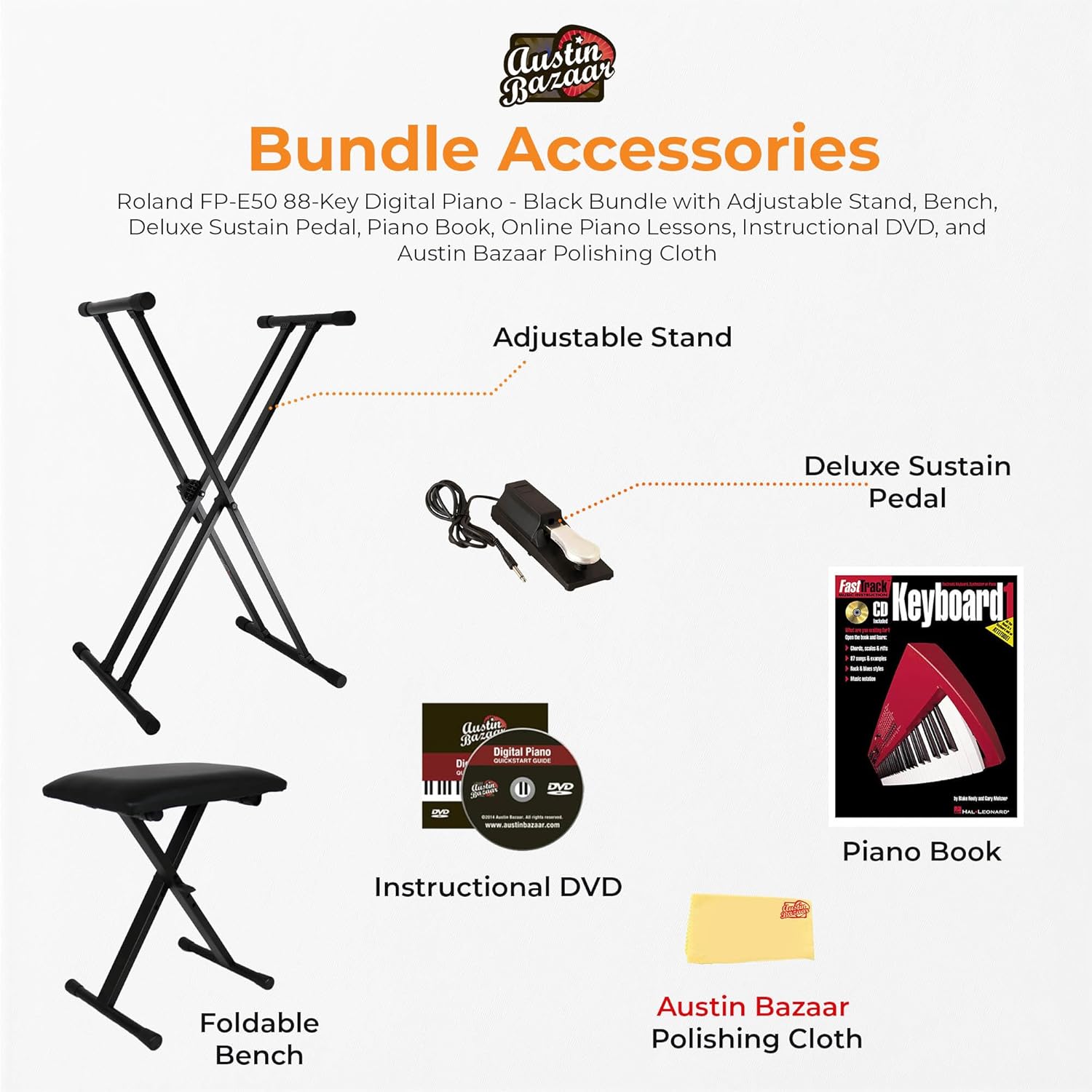 Roland FP-E50 88-Key Digital Piano - Black Bundle with Adjustable Stand, Bench, Deluxe Sustain Pedal, Piano Book, Online Piano Lessons, Instructional DVD, and Austin Bazaar Polishing Cloth