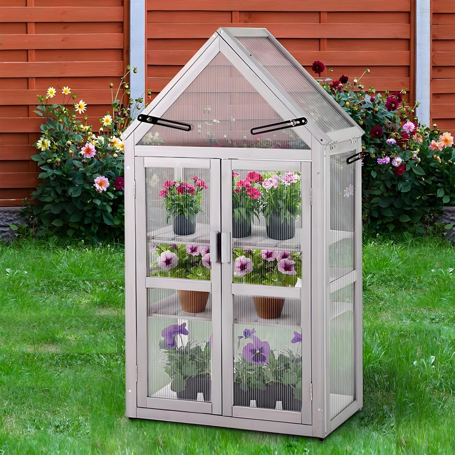 Greenhouse, Wooden Greenhouse Polycarbonate Garden Shed for Plants,Wooden Garden Greenhouse,Greenhouse Wooden Cold Frame Greenhouse (White, 27*16*52)