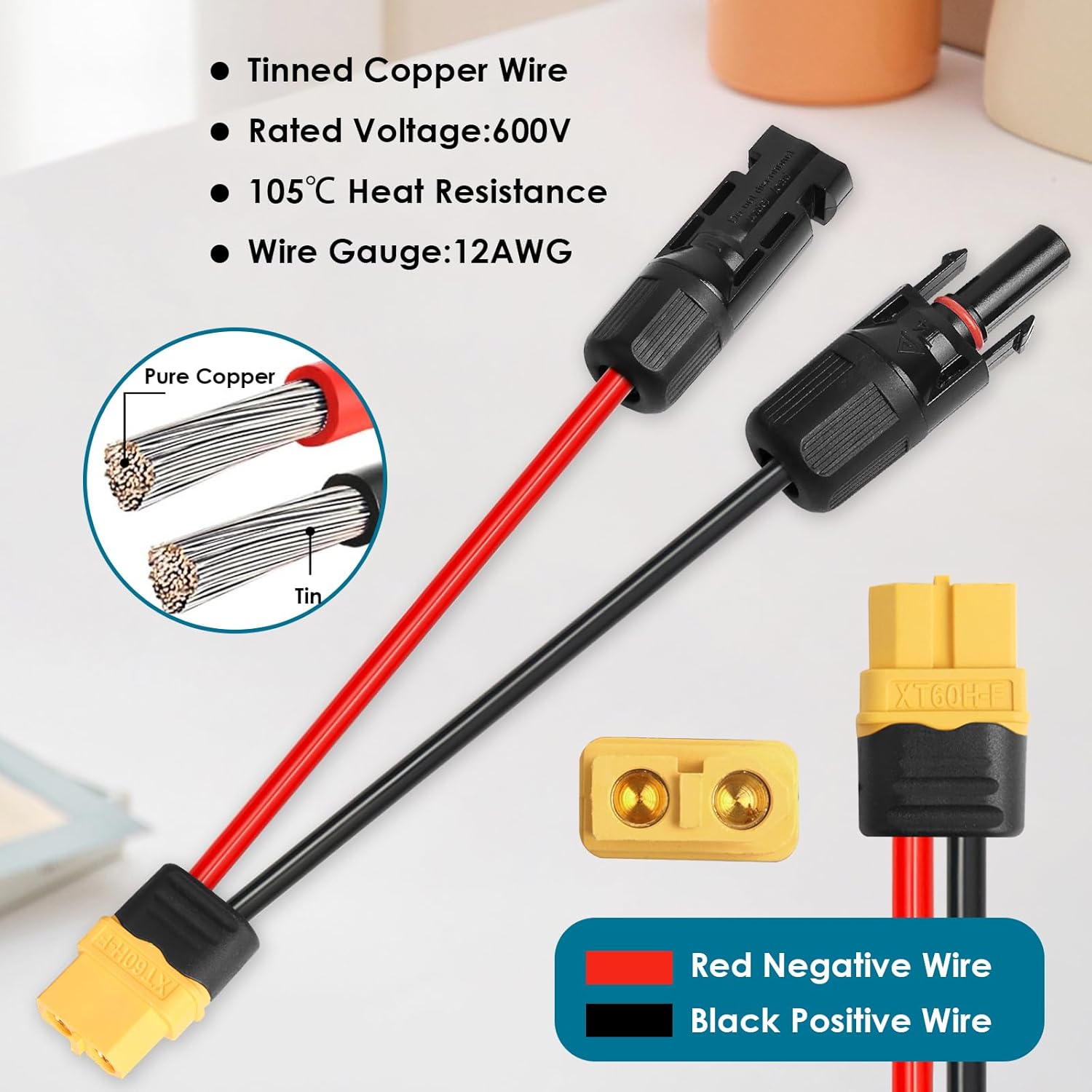 Solar to XT60 Charge Extension Cable 75FT 12AWG XT60 Solar Cable for Portable Power Station Battery Pack