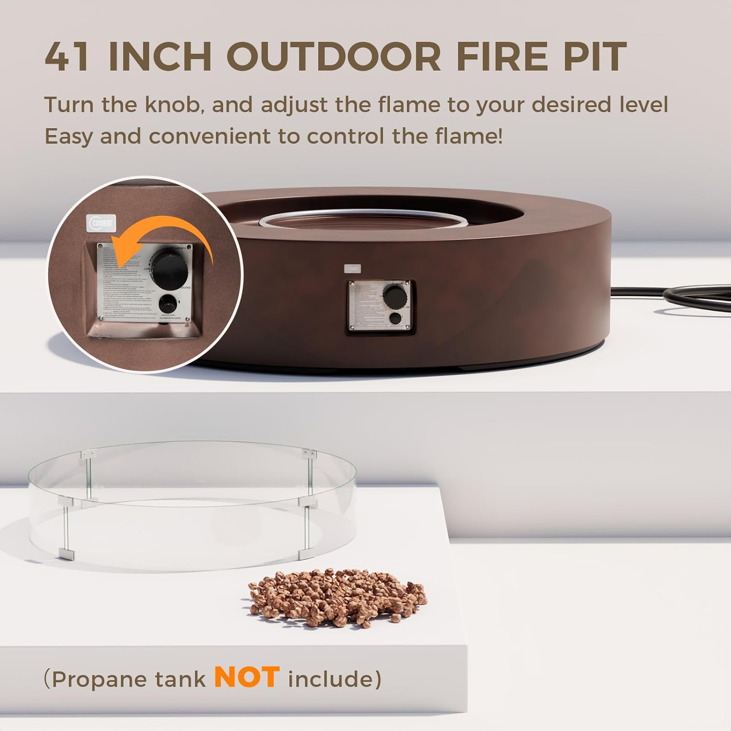 SUNBURY 42Inch Outdoor Propane Fire Pit,CSA Certified,Round Dark Brown Patio Fire Table Concrete Burner Firepits 50,000 BTU w Lava Rocks, Glass Wind Guard, Waterproof Cover