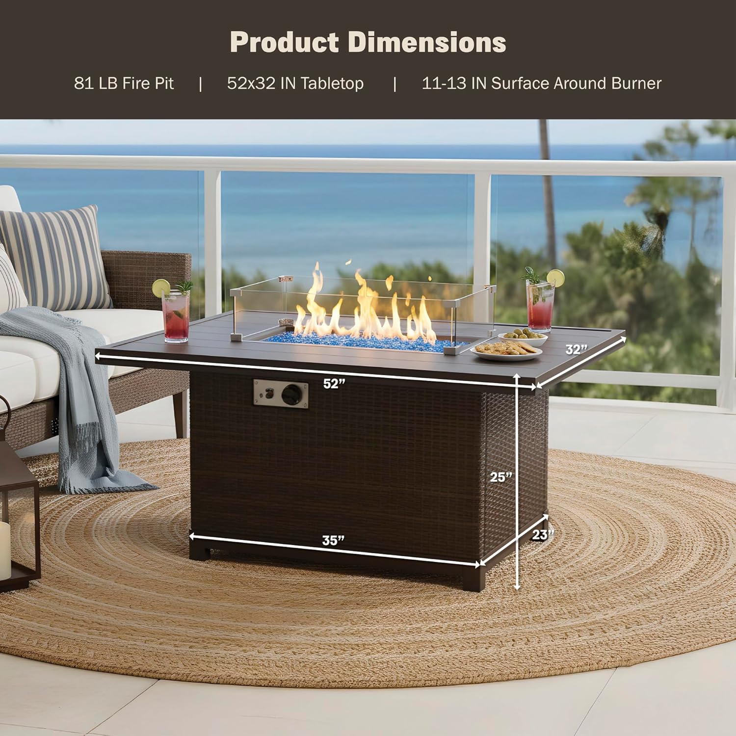 Kinger Home Novi Rattan 52-Inch Propane Gas Fire Pit Table with Rectangular Aluminum Frame, 50,000 BTU Outdoor Patio Firepit, Includes Wind Guard and Fire Glass, Brown