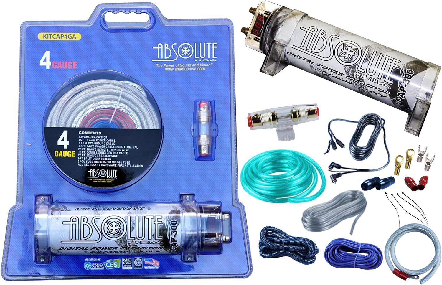 Absolute USA KITCAP4GASI 3.0 Farad Power Capacitor 4 Gauge Car Amplifier Installation Wiring Complete Kit (Silver)