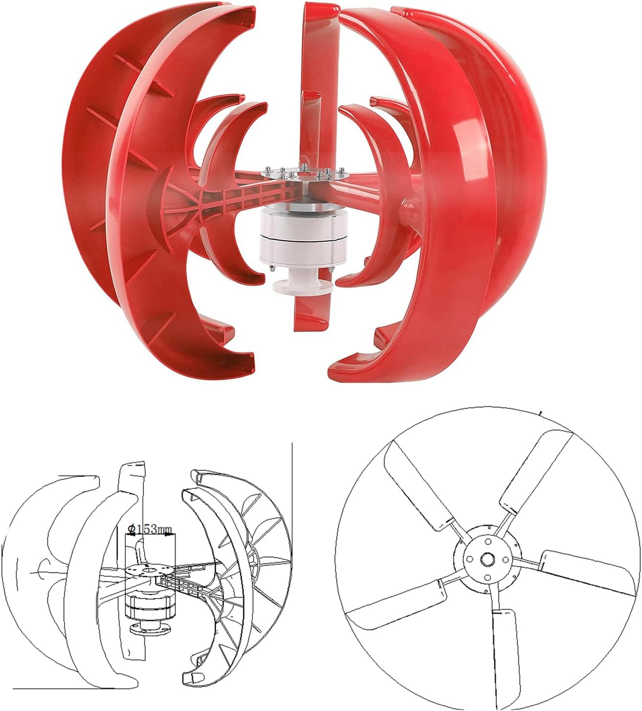 8000W Wind Turbine Generator Kit, DC12V 5 Blade Wind Turbine Lantern Vertical Wind Generator Kit Electricity Producer Equipment (Red)