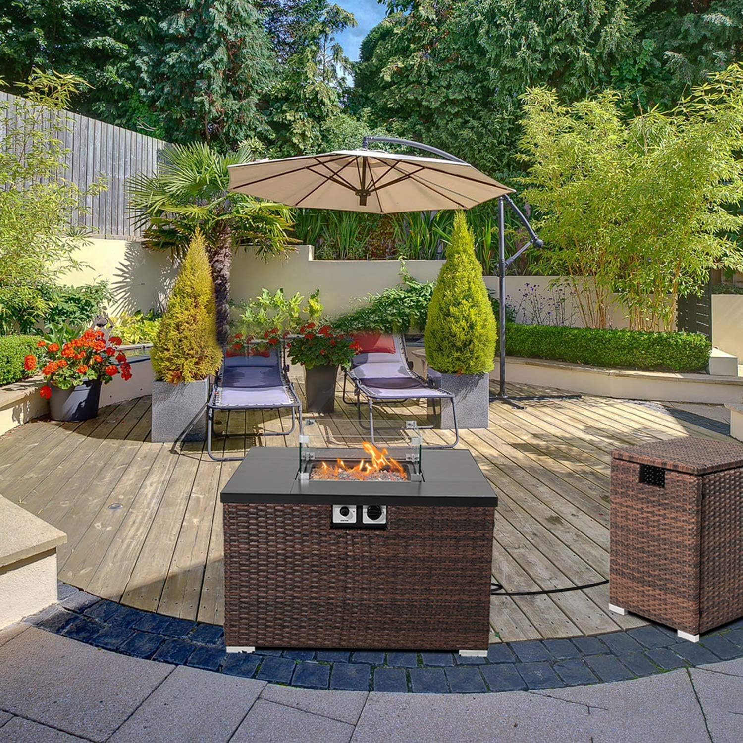 AQUILLA Outdoor Propane Burning Fire Pit w Tank Table, Dark Brown Rattan 40000 BTU, Free Lava Rocks, Waterproof Cover for Garden, Backyard, Poolside