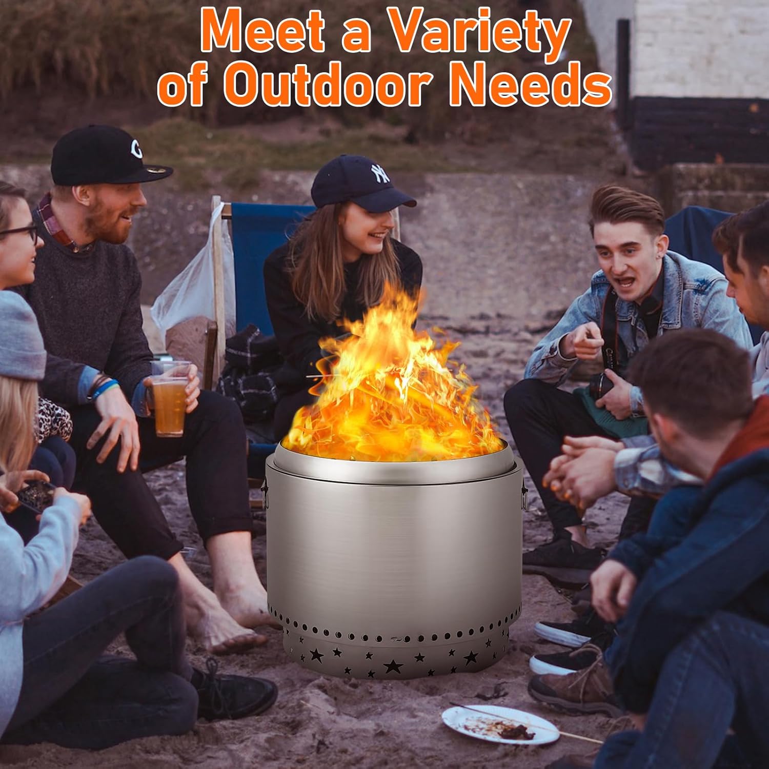 GarveeLife Smokeless Fire Pit 20.5', Portable Fire Pit with Stand, Handles Design, Stainless Steel Stove Wood Burning, Removable Ash Pan, for Camping, Garden, Backyard