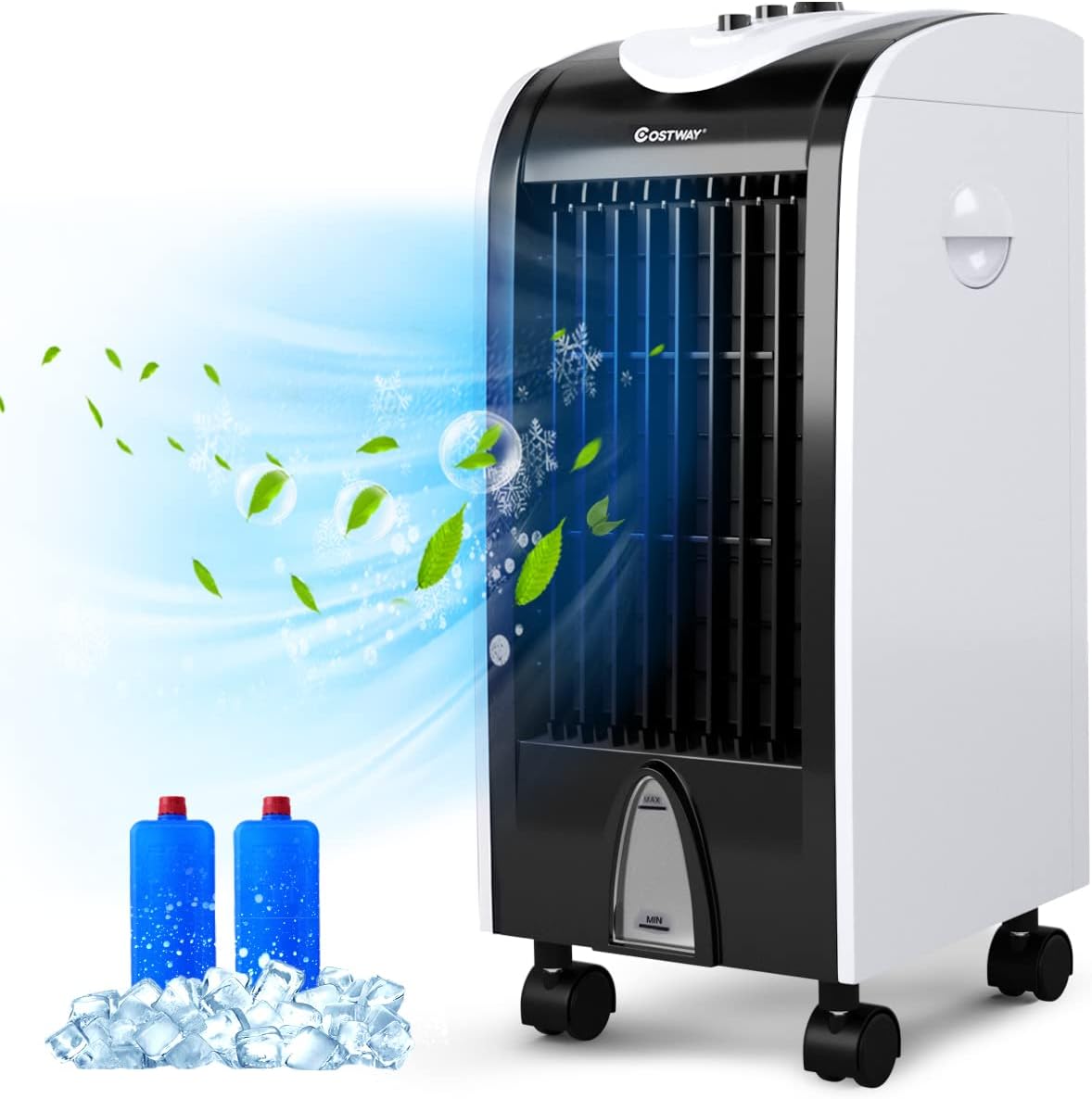 ARLIME Evaporative Air Cooler, Portable Cooling Fan with Humidifier, 28 Inches 7.5H Timer Knob Control 3 Wind Speed & 3 Mode with 4 Wheels and 2 Ice Boxes for Home Office Dorms