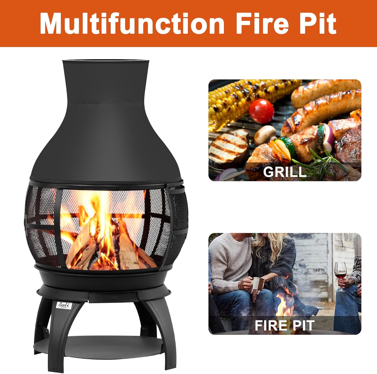 BALI OUTDOORS Fire Pit Wood Burning Chiminea Outside Fireplace Patio Small Firepit, Size 17.7