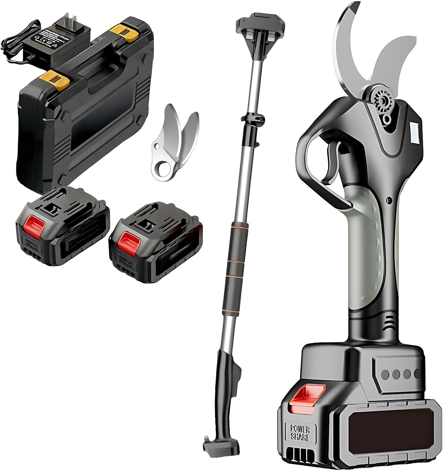 Telescopic Pole Pruner and Cordless Pruning Shears, 21V Electric, 40mm Cutting Diameter, Up to 7FT Reach, LCD Display, Lightweight Lithium Battery Design 2batteries