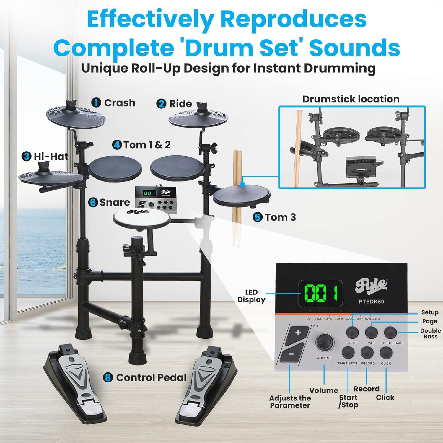 Pyle Electronic Drum Set-Portable Powerful Kit w Machine for Beginners Touch Sensitive Drum Pads, MIDI Computer Connection, Quick Setup Roll-Up Design (Mac & PC Compatible) (PTEDK50)