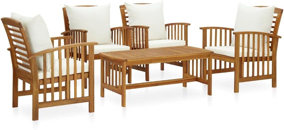 5 Piece Patio Lounge Set with Cushions Solid Acacia Wood,Vintage Wooden Garden Lounge Set with Cushions for Patio and Outdoor Living Patio Furniture Sets, Outdoor Furniture Sets