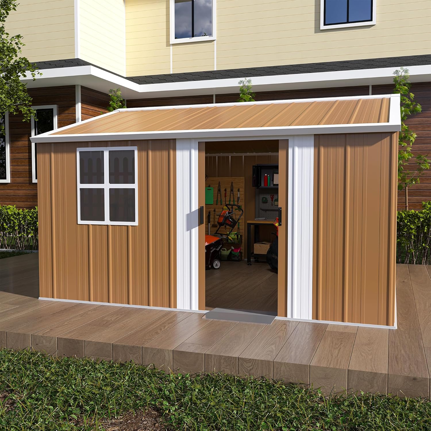 Lean to Outdoor Storage Shed, Heavy-Duty Metal Shed with Lockable Door & Sloped Roof - Weatherproof Garden Shed for Backyard, Lawn, Balcony Tool/Pet Storage (Brown, 12x10 FT)