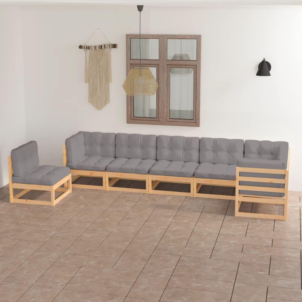 7 Piece Patio Lounge Set with Cushions Solid Pinewood,Patio Lounge Set, Outdoor Furniture Modular Pinewood Sofa with Comfortable Gray Cushions Outdoor Furniture Sets, Patio Furniture