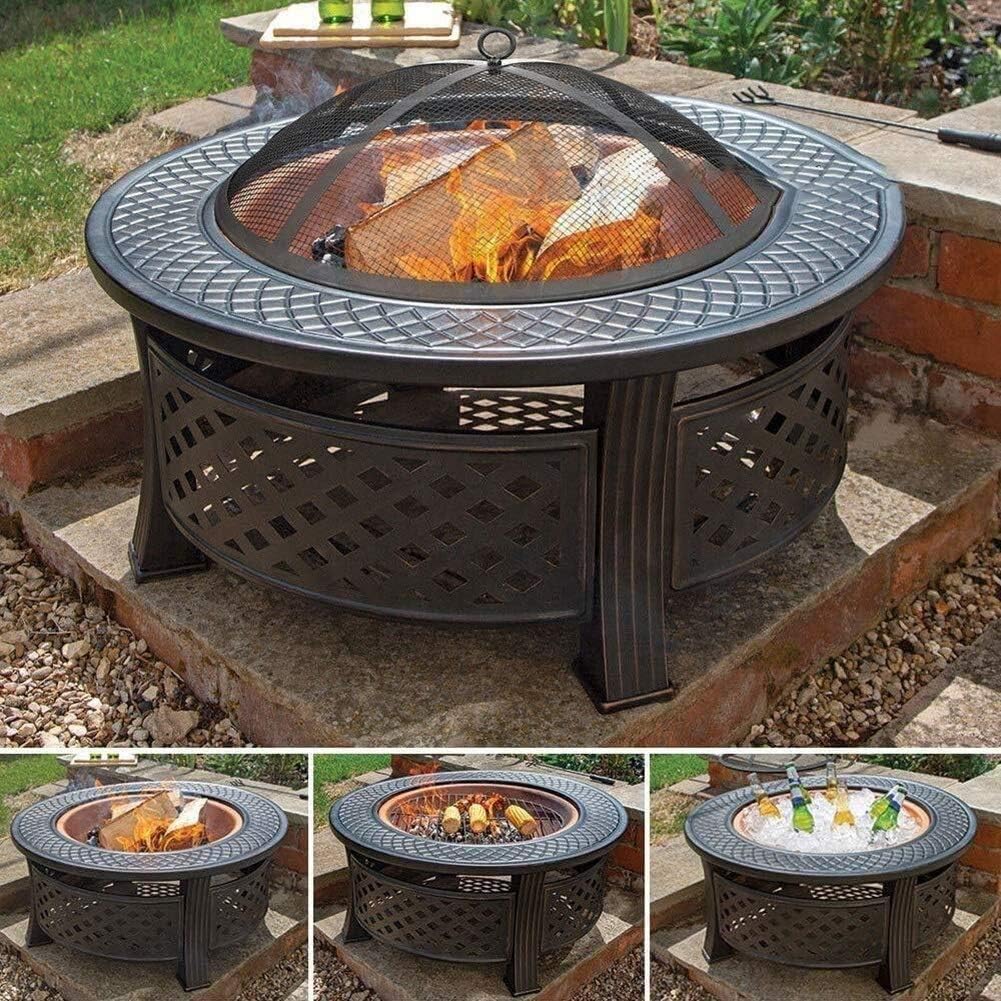 Fire Pits Outdoor Wood Burning Outdoor Patio Steel BBQ Grill Fire Pit Bowl w/Spark Screen Cover, Log Grate, Poker