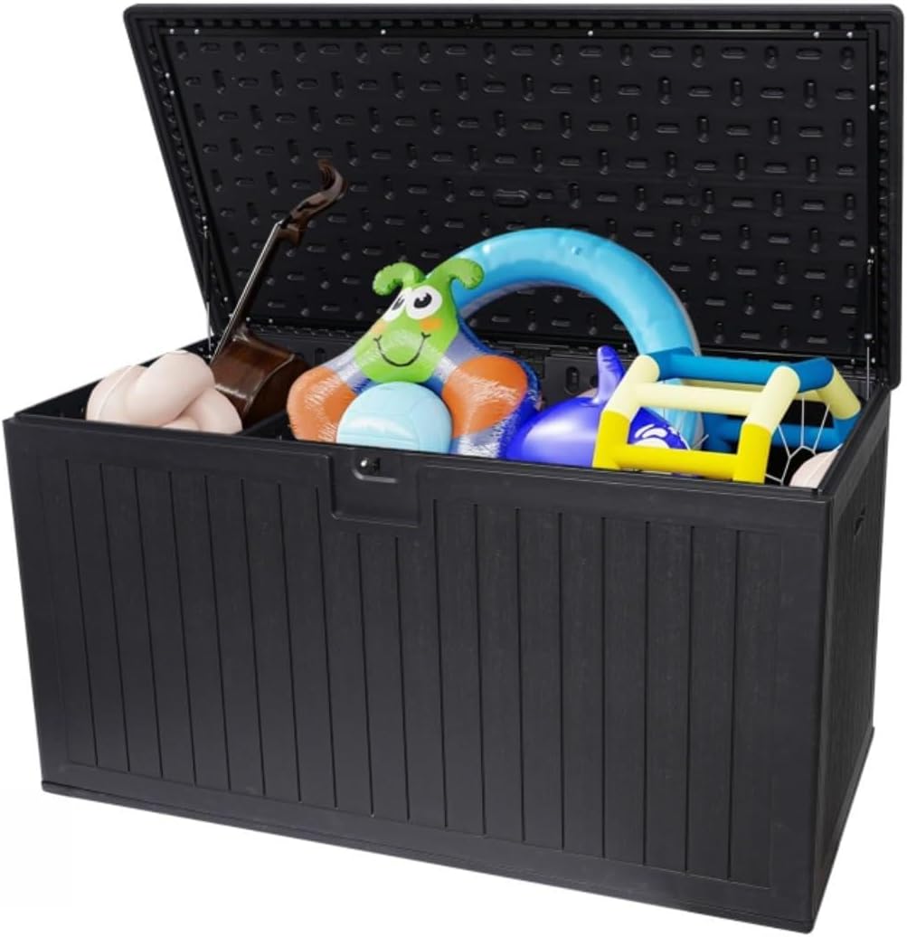 230 Gallon Resin Outdoor Deck Box Waterproof, Extra Large Patio Storage Box with Lockable Storage Containers for Patio Furniture Cushions, Pool Accessories, Garden Tools