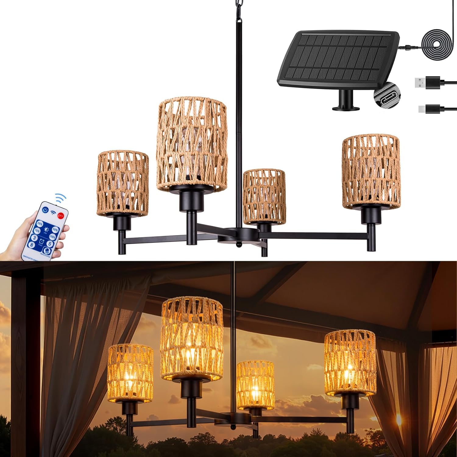Solar Chandelier Outdoor, 4-Light 28