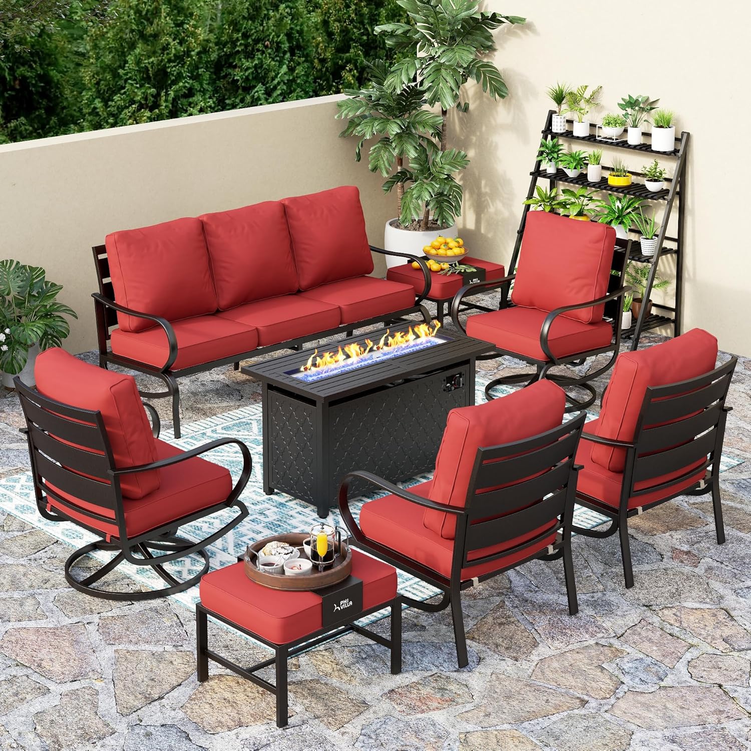 PHI VILLA 8 PCS Patio Furniture Set with Fire Pit Table,Metal Outdoor Furniture with 1 x 3-Seat Bench Sofa, 2 x Swivel Sofa Chairs, 2 x Leg Chair & 2 x Ottoman, Modern Patio Set, Red