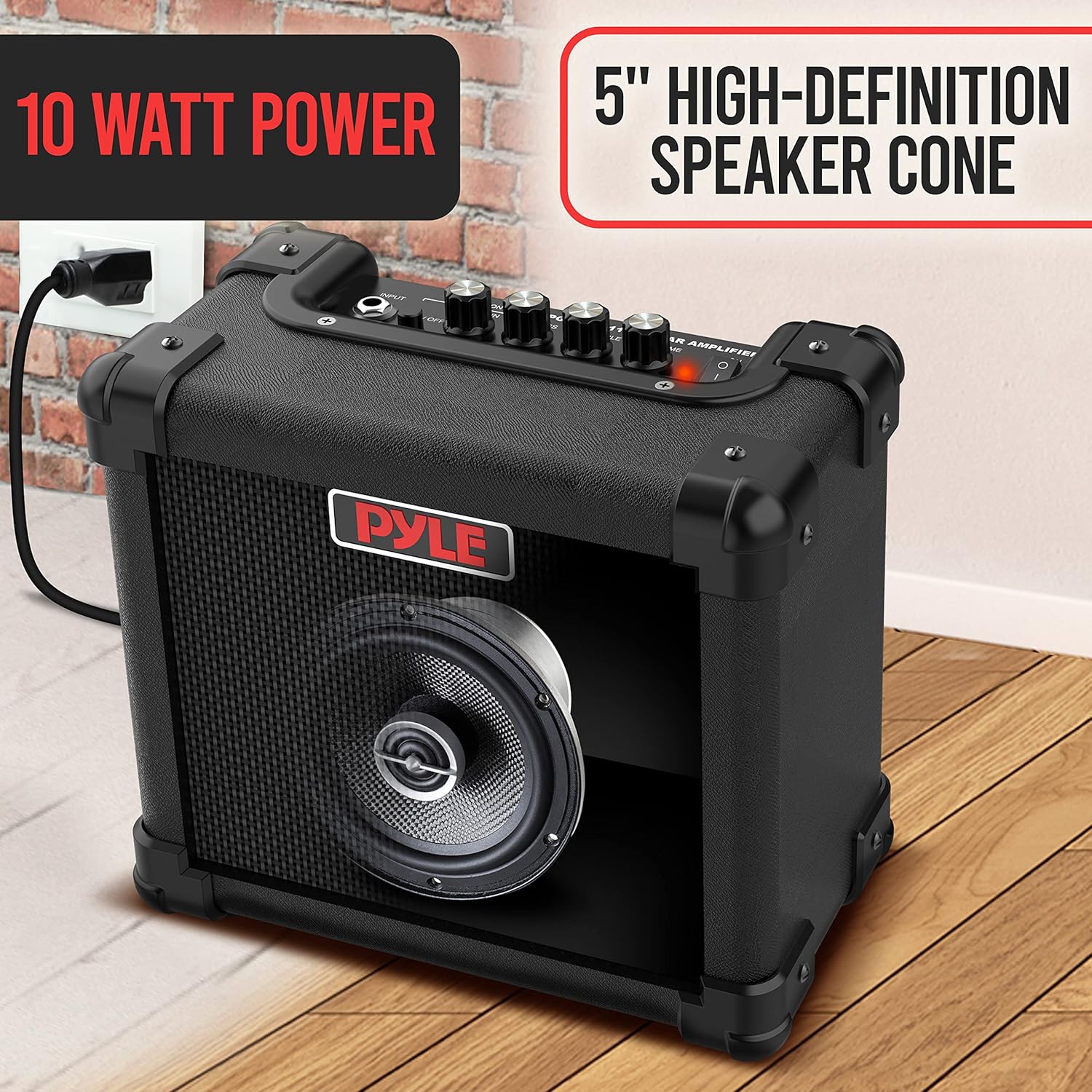 Pyle Portable Electric Guitar Amplifier - Battery or Wall Power 10 Watts Mini Instrument Amp with 5-Inch High Definition Speaker, Volume, Bass, Treble, Distortion, Gain Controls, AUX Input