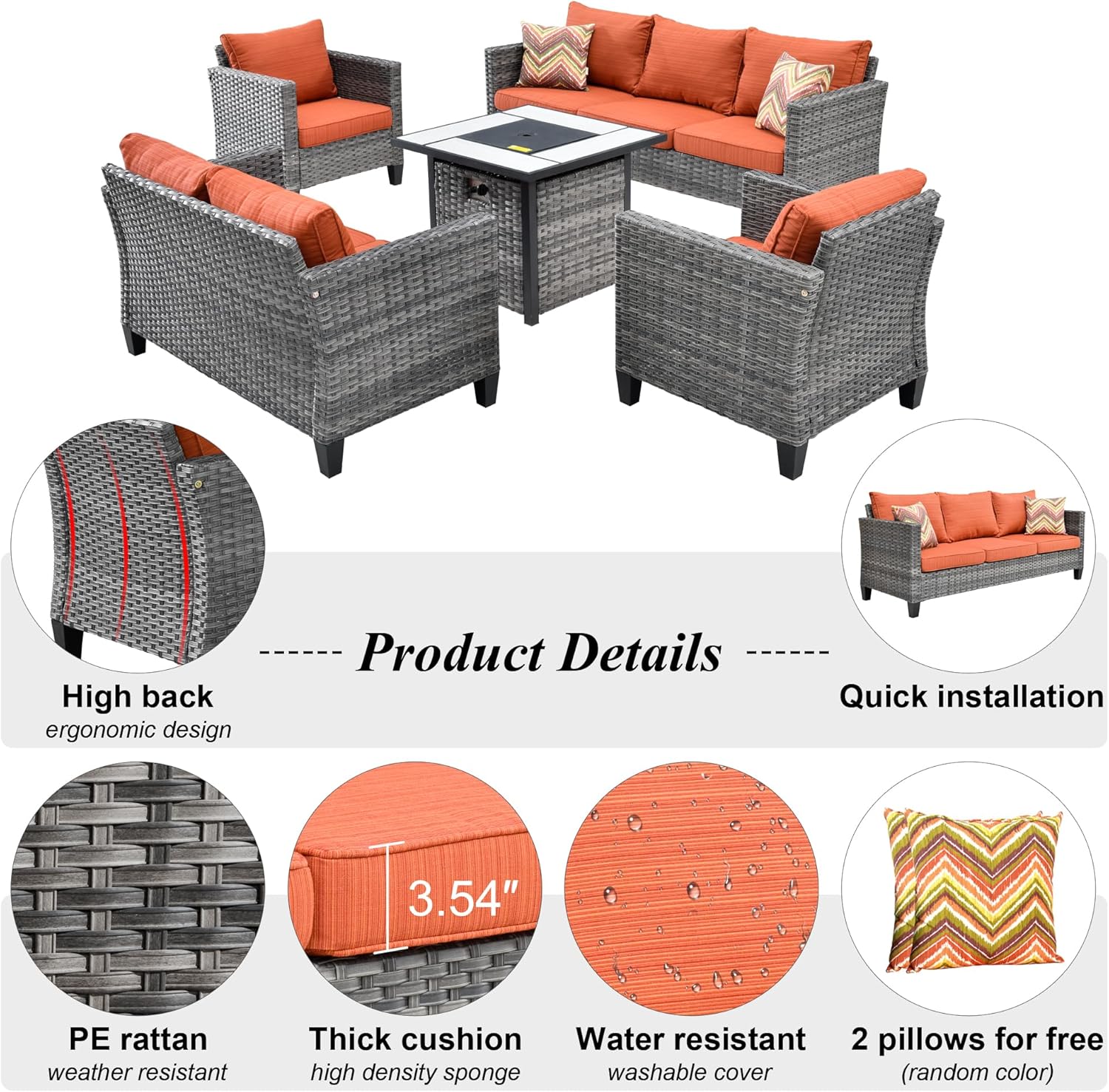 HOOOWOOO Patio Outdoor Furniture Set with Propane Fire Pit Table,5 Piece Modern Wicker Couch Sofa Set, Outside All Weather Resistant Conversation Seating Set with Tilt Back(Orange Red)