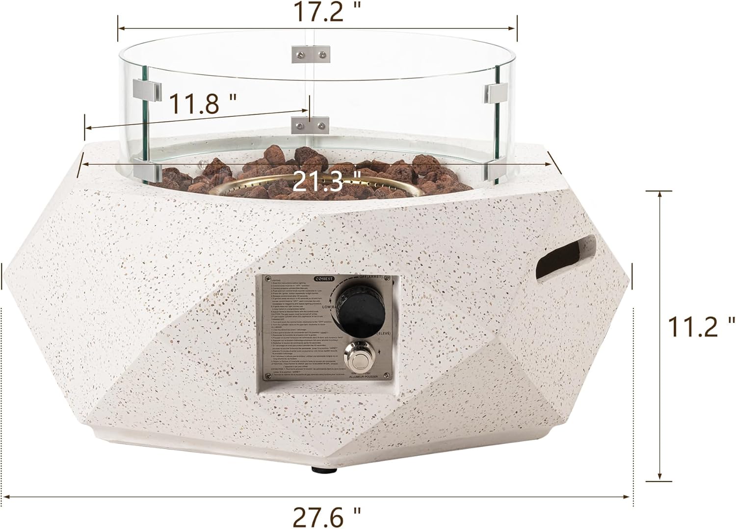 SUNBURY Outdoor Propane Fire Pit Table, 28 Inch Patio Gas Fire Table 50,000 BTU Small Fire Pit for Outside in Spotted White w Glass Wind Guard, Lava Rocks