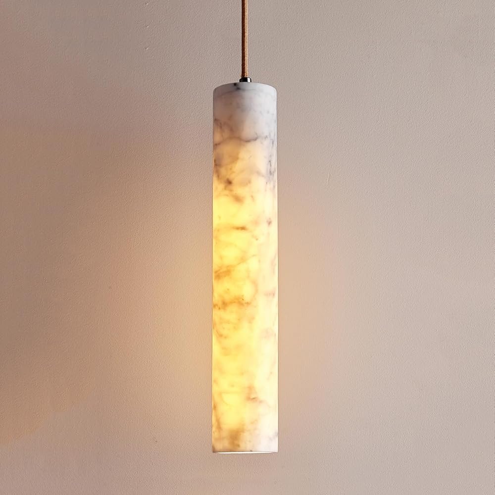 Natural Alabaster Glass Light Pendant for Kitchen Island Sink Nordic Modern Linear Chandelier White Marble Long Tube Ceiling Hanging Lamp for Bedroom Dining Room Table Hallway Entryway
