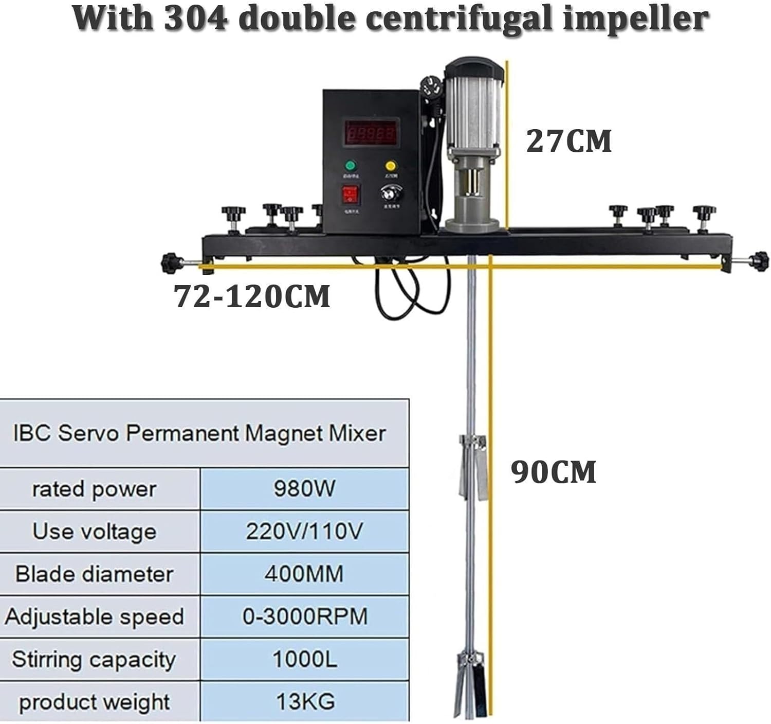 980 W Electric Tank Mixer Machine, IBC Colour Mixer Agitator with Support Suspension, Stainless Steel Rod and Blade, Folding Propeller, for Ink Dissolver Agitator