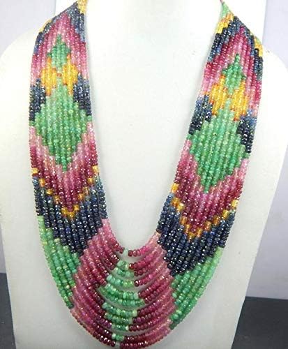 11 strand 740 cts 3-4.5mm 20'' beautifull designer multi sapphire precious emerald ruby sapphire beads necklace
