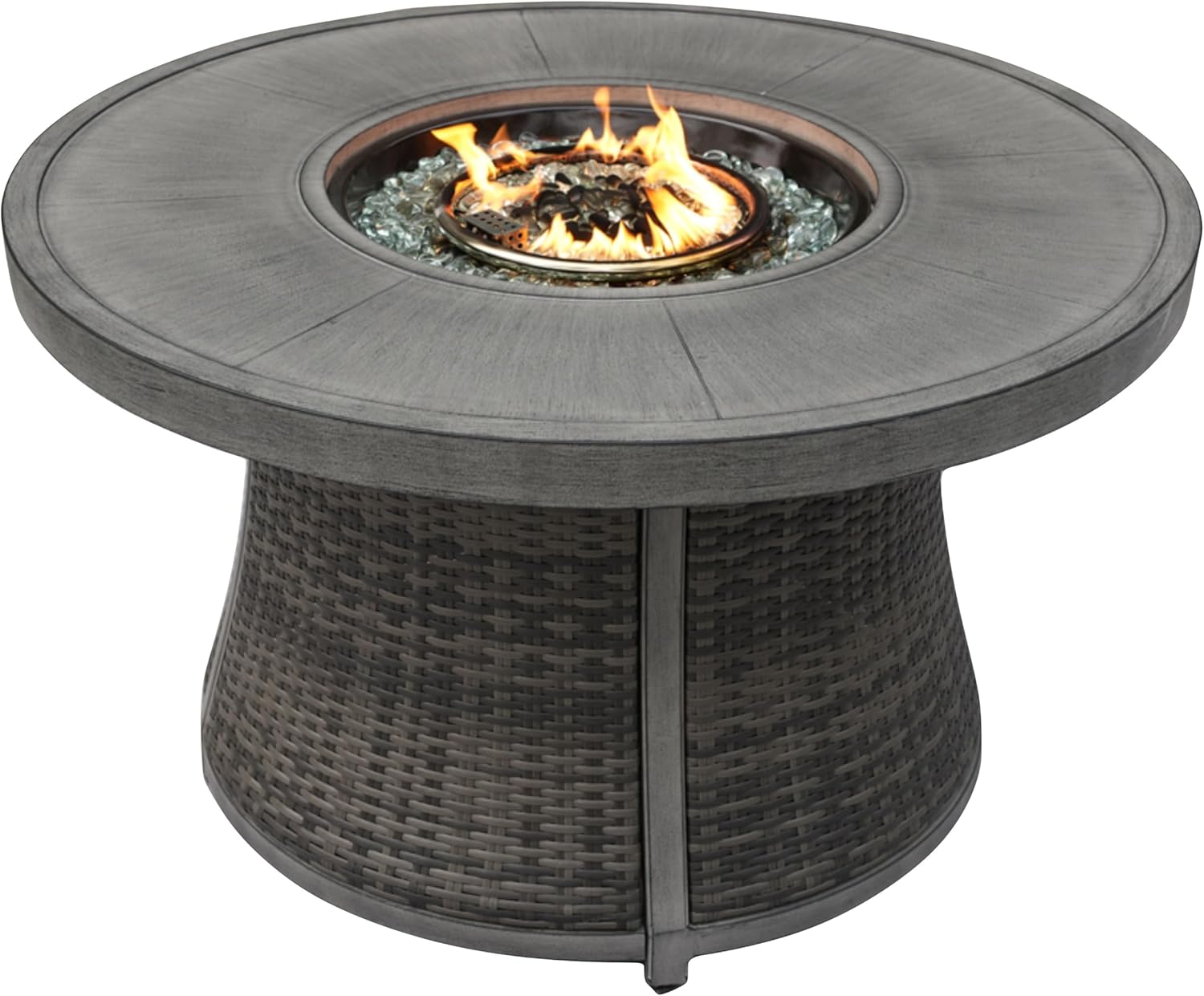 42-Inch Round Gas Fire Pit Table, Aluminum Top with Rattan Base for Outside Patio Backyard Deck Balcony (Grey)
